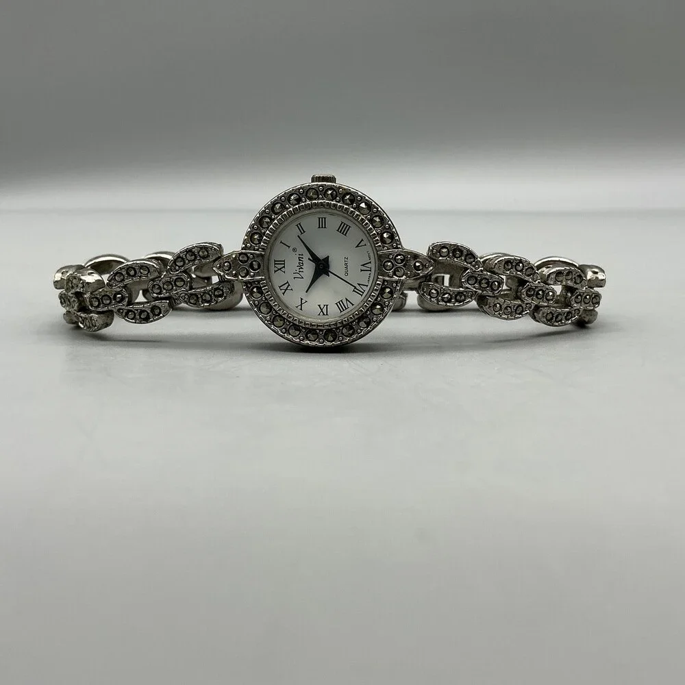 Vivani Womens Watch 23mm White Dial Silver Tone Marcasite New Battery 7
